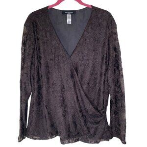 Jones New York Faux Wrap Top Woman 3X Black Floral Lace Overlay Elegant Party Co